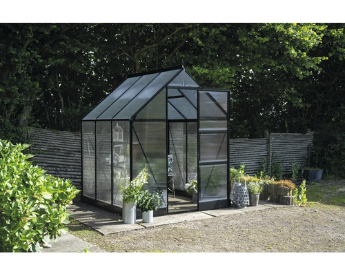 Gewächshaus aus Glas mit geöffneter Tür im Garten.