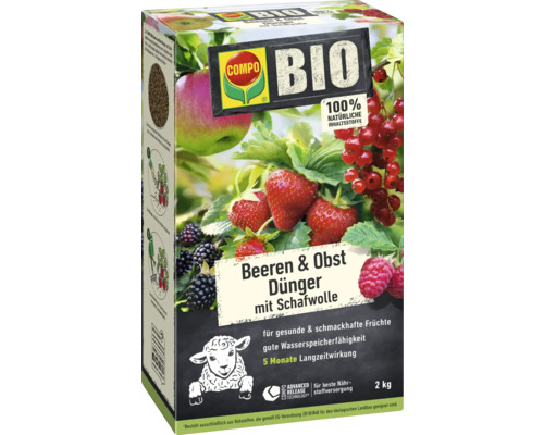 Verpackung Bio Beeren und Obstdünger mit Schafwolle