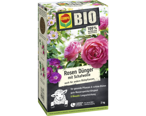 Verpackung COMPO Rosen Dünger mit Schafwolle, ein biologisches Produkt für Rosen und andere Blühpflanzen