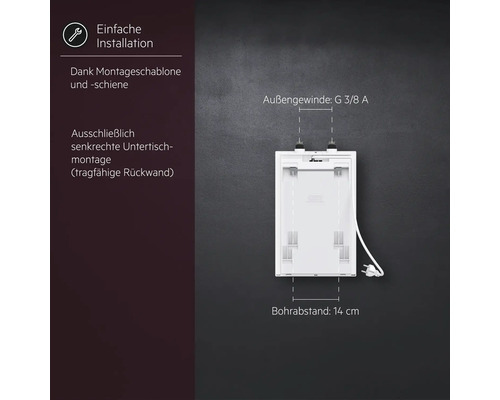 Unterputz Warmwasserbereiter Montageinformationen mit Außen- und Bohrmaßen