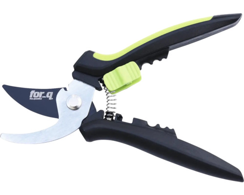 Gartenschere mit Federmechanismus und for_q Logo