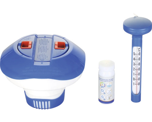 Poolpflege-Set mit Dosierschwimmer, Teststreifen und Thermometer zur Wasseranalyse