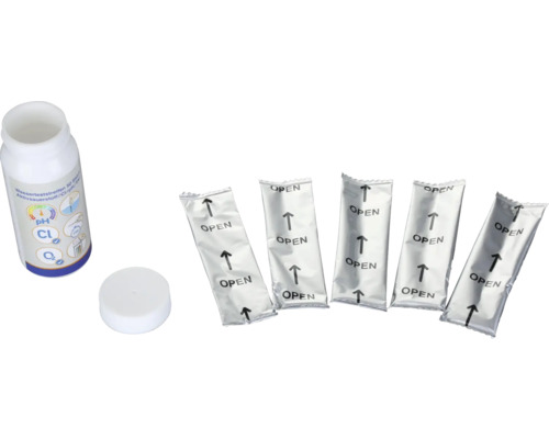 Wasseranalyse Teststreifen mit Flasche und einzeln verpackten Teststreifen