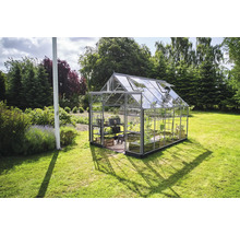 Gewächshaus aus Glas im Garten mit geöffneten Fenstern