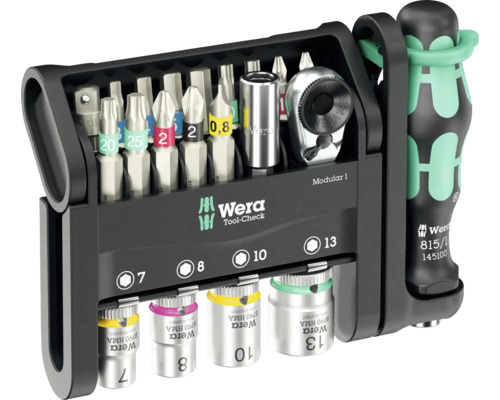 Werkzeugset Wera Tool-Check Modular 1, Chrom-Vanadium-Stahl 21-tlg. Wera Werkzeugsatz mit Bits, Nüssen und Knarre