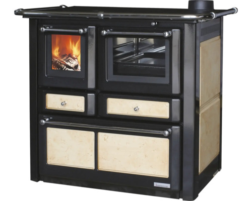 Festbrennstoffherd Westminster beige Backofen links mit Stahlplatte-Kochfeld Holzherd mit Feuerstelle und Backofen