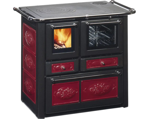 Festbrennstoffherd Westminster rot Bachofen rechts mit Stahlplatte-Kochfeld Holzherd mit Backofen und Kochfeld