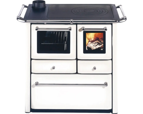 Festbrennstoffherd Westminster weiß Backofen links mit Stahlplatte-Kochfeld Holzherd mit Kochfeld, Backofen und Schubladen
