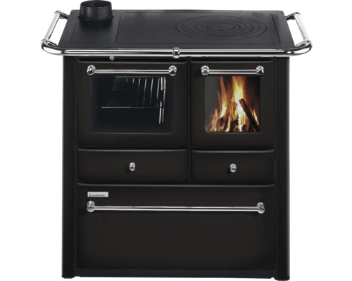 Festbrennstoffherd Westminster anthrazit Bachofen links mit Stahlplatte-Kochfeld Westminster Holzherd mit Kochfeld und Backofen