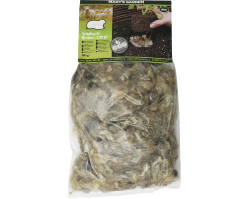 Schafwollflocken in einer 100 Gramm Packung für den Garten
