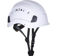 Weißer Bauhelm mit Kinnriemen für den Kopfschutz