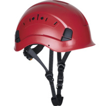 Roter Schutzhelm mit Belüftungsöffnungen und verstellbarem Kinnriemen