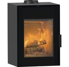 Kaminofen mit Holzfeuer hinter Glas