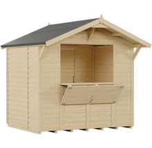 Verkaufsstand aus Holz mit geöffneter Theke