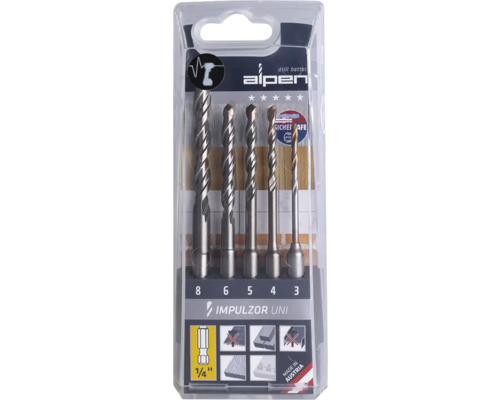 Alpen Impulzor Uni Steinbohrer Set mit fünf Teilen der Größen 3 bis 8 Millimeter