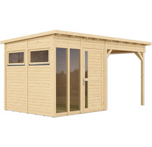 Holzgartenhaus mit Fenstern, Tür und überdachter Terrasse