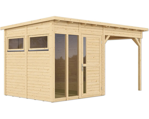 Holzgartenhaus mit Fenstern, Tür und überdachter Terrasse