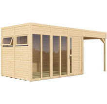 Gartenhaus aus Holz mit Fenstern, Tür und kleinem Vordach