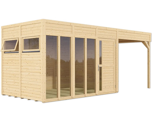 Gartenhaus aus Holz mit Fenstern, Tür und kleinem Vordach