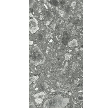 Nahaufnahme einer grauen Feinsteinzeugfliese mit Steindekor