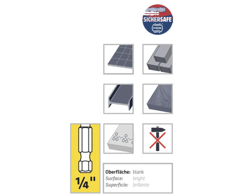 Produktmerkmale: Geeignet für Fliesen, Ziegel, Stahlträger, Holz, Oberfläche blank, Hämmern nicht erlaubt, Sichersafe PGM Logo, Bitgröße ein viertel Zoll