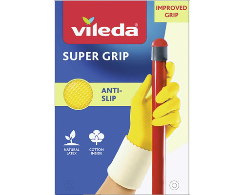 Vileda Super Grip Haushaltshandschuhe mit verbesserter Griffigkeit, Anti-Rutsch Beschichtung, Naturlatex und Baumwollfutter