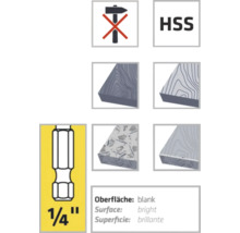 Symbol: Nicht mit dem Hammer verwenden. HSS Kennzeichnung. Holzbearbeitung geeignet. Oberfläche: blank. Bit Größe: 1/4 Zoll.