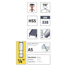 Symbolbild: Nicht für Schlagbohrmaschinen geeignet, 118 Grad, HSS, DIN 338, geeignet für Stahlträger, enthält Kupfer Mangan Nickel Zink, Anschliff Form AS, Oberfläche blank, 1/4 Zoll
