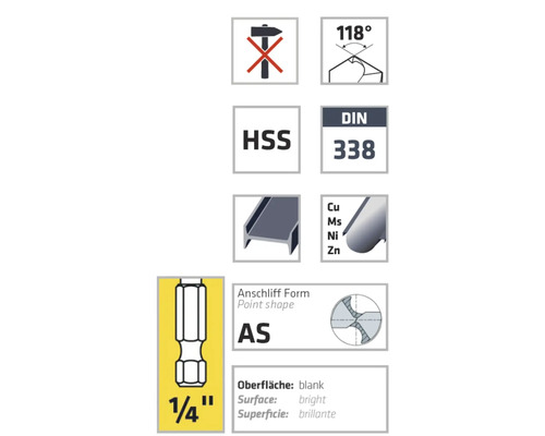 Symbolbild: Nicht für Schlagbohrmaschinen geeignet, 118 Grad, HSS, DIN 338, geeignet für Stahlträger, enthält Kupfer Mangan Nickel Zink, Anschliff Form AS, Oberfläche blank, 1/4 Zoll