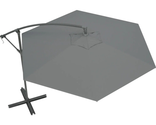 Grauer Ampelschirm mit Standfuß für den Garten