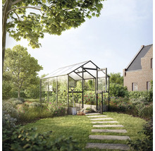 Gewächshaus im Garten mit Pflanzen und Werkzeugen