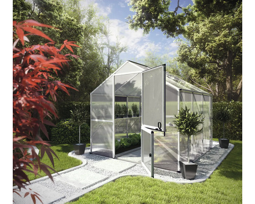 Gewächshaus im Garten mit geöffneter Tür und Pflanzen