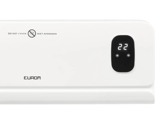 Eurom Logo. Hinweis Nicht Abdecken. Anzeige mit Temperaturangabe.