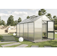 Gewächshaus mit geöffneter Tür in einem Garten