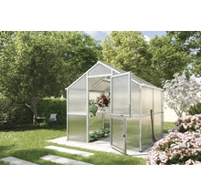 Gewächshaus mit geöffneten Türen im Garten