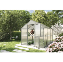 Gewächshaus im Garten mit geöffneten Türen und Pflanzen im Inneren