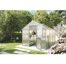 Gewächshaus im Garten mit geöffneten Türen und Pflanzen