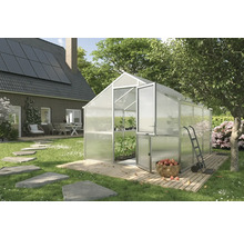 Gewächshaus mit geöffneter Tür im Garten