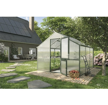 Gewächshaus mit geöffneter Tür im Garten