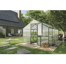 Gewächshaus im Garten mit geöffneter Tür und einem Korb mit Äpfeln davor