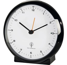 Analoger Funkwecker mit schwarzem Gehäuse und weißem Zifferblatt