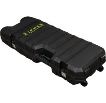 Schwarzer Werkzeugkoffer mit Rädern und Zipper Schriftzug