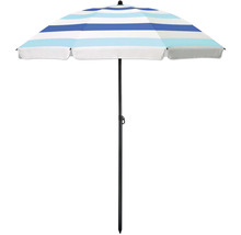 Strandsonnenschirm mit blau-weiß gestreiften Stoffbezug und Metallständer