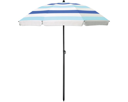 Strandsonnenschirm mit blau-weiß gestreiften Stoffbezug und Metallständer