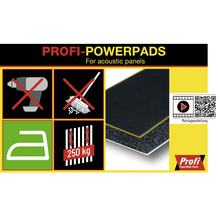 Profi Powerpads für Akustikpaneele mit Montageanleitung und Produktsymbolen