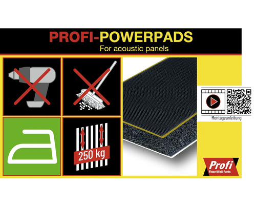 Profi Powerpads für Akustikpaneele mit Montageanleitung und Produktsymbolen