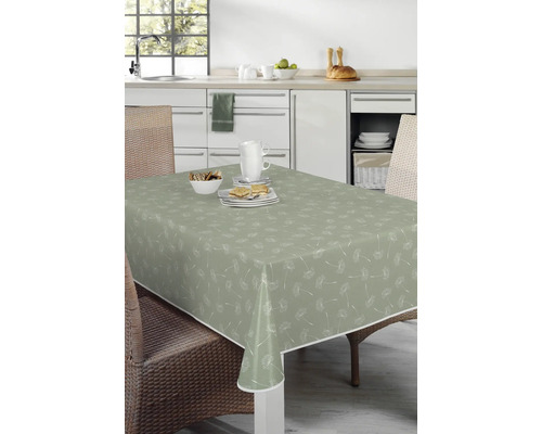 Tisch mit beschichteter Wachstuchdecke mit Pusteblumenmuster in Küche