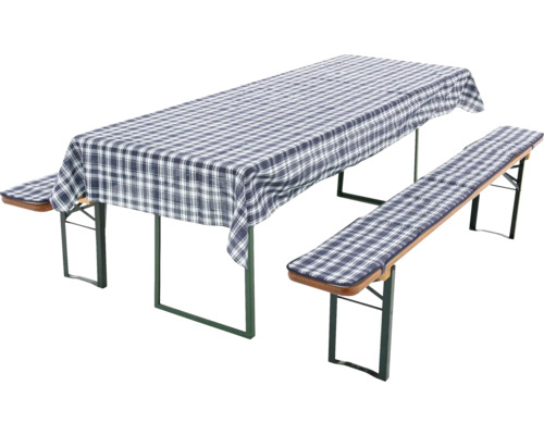Bierzeltgarnitur mit karierter Tischdecke und Bankauflagen