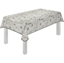 Tischdecke mit Kaffeemotiven auf einem Tisch