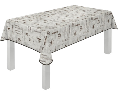 Tisch mit beschichteter Tischdecke mit Kaffeemotiven